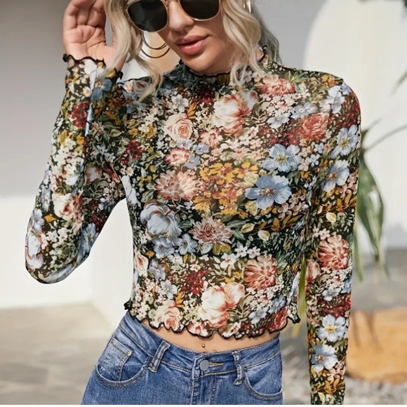 Floral Mesh Long Sleeve Sheer Tops Multiple Sizes - Picture 7 of 8